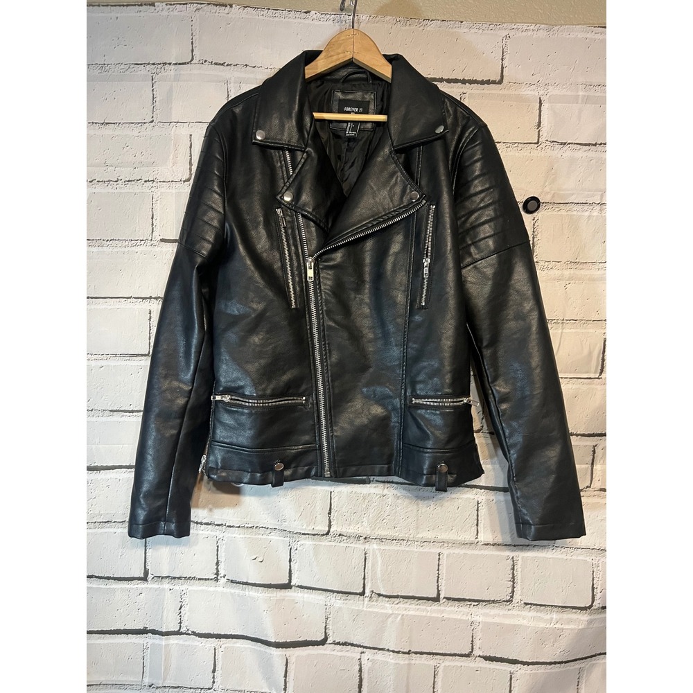 Forever 21 Men Black Faux Leather Moto Biker Jacket Asymmetrical Zip Large